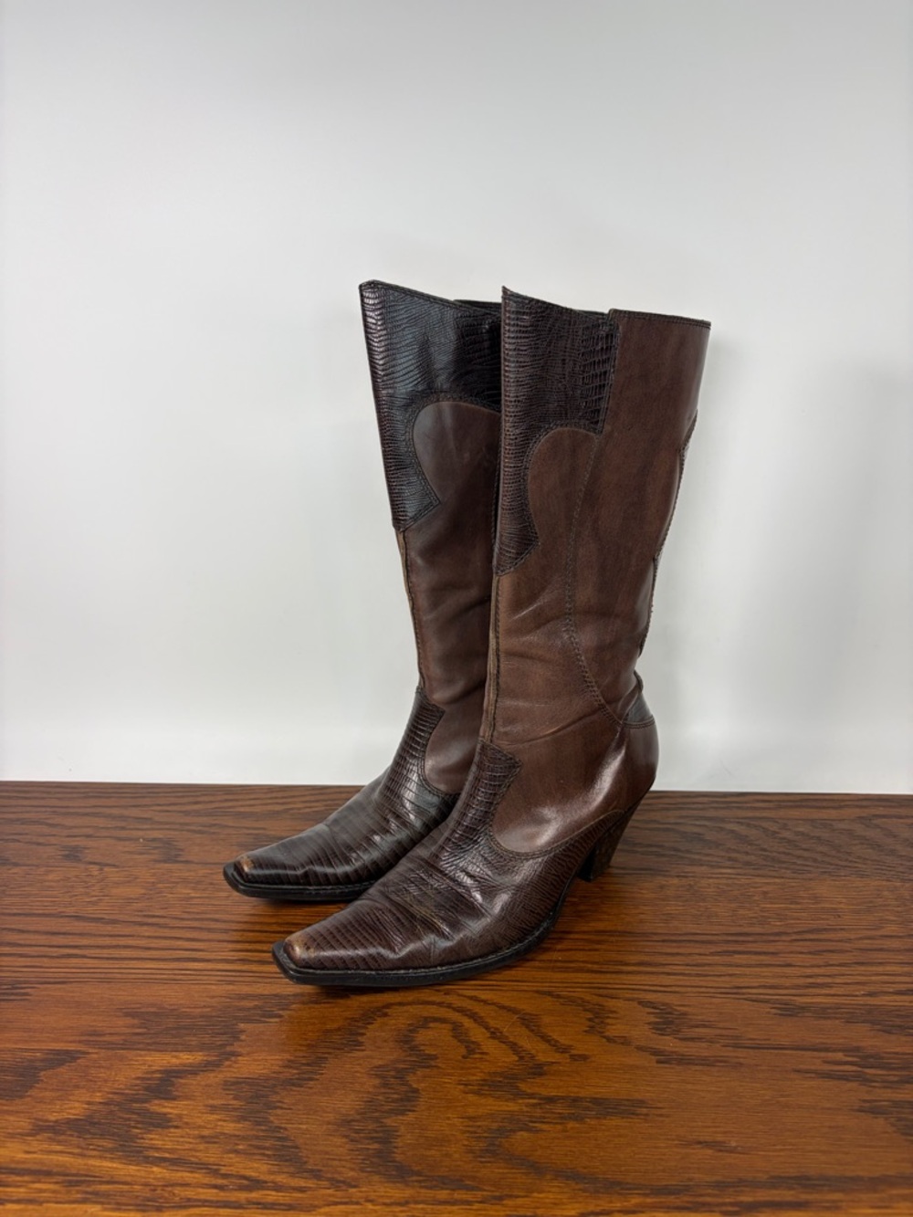 Maria Lya Leather Western Cowgirl Boots Mid Calf Heeled Brown Womens 9 Full Zip